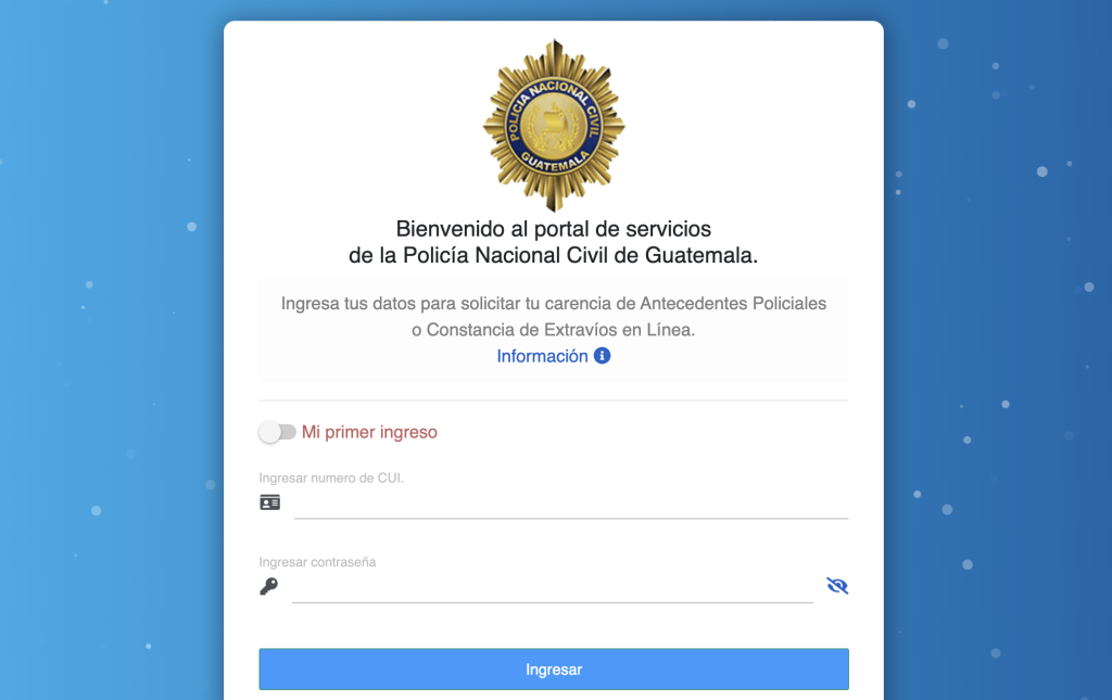 Sitio web de la PNC para solicitar antecedentes policiales